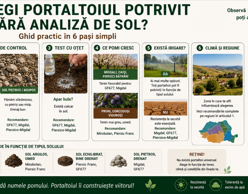 Ghid practic pentru alegerea portaltoiului potrivit la piersic și nectarin fără analiză de sol, în funcție de tipul terenului, drenaj, calcar și condițiile climatice.